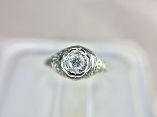 Art Deco 18k White Gold Natural Old Cut Round Diamond Filigree Engagement Ring