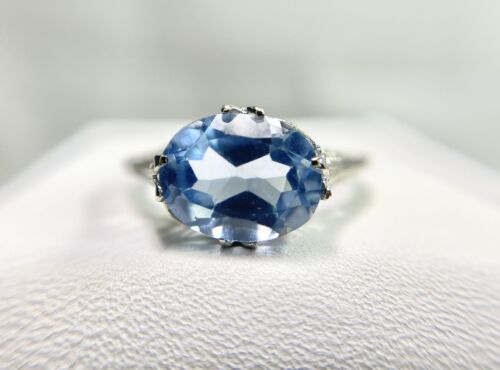 Vintage Art Deco 14k White Gold Oval Shape Blue Topaz Filigree Solitaire Ring