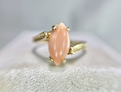 Vintage 10k Yellow Gold Marquise Shape Pink Coral Textured By-Pass Ring