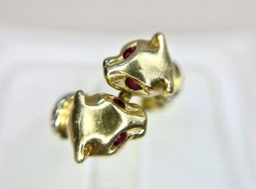 Vintage 14k Yellow Gold Natural Round Red Ruby Diamond Panther Head Ring