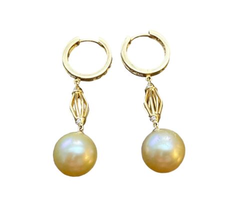 Vintage 10k Yellow Gold Designer Cream Color Round Pearl Diamond Dangle Earrings