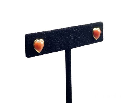 Vintage 18k Yellow Gold Orange Pink Chalcedony Heart Shape Small Stud Earrings