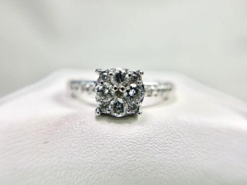 10k White Gold Round Brilliant Natural Diamond Cluster Style Engagement Ring