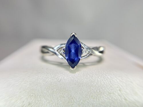 Vintage 10k White Gold Marquise Lab Created Blue Sapphire Round Diamond Ring