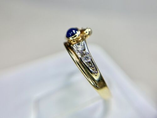 Art Deco 14k Yellow Gold Natural Blue Cabochon Sapphire Round Diamond Ring