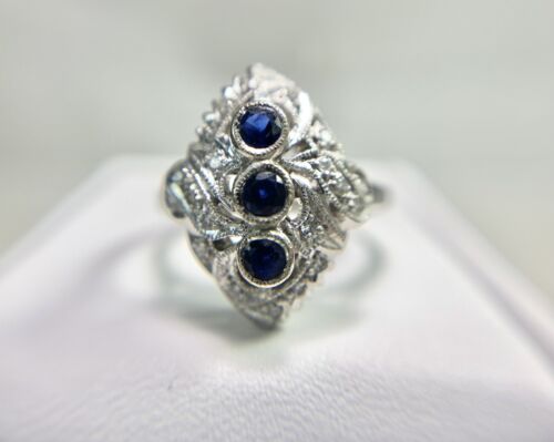 Art Deco Signed 18k White Gold Blue Sapphire Round Diamond Small Cocktail Ring