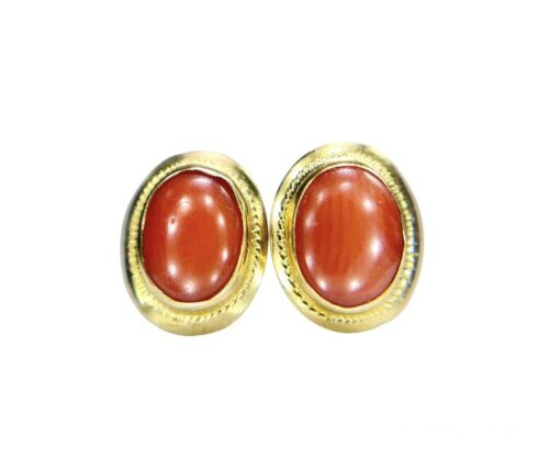 Vintage 18k Yellow Gold Orange Pink Chalcedony Oval Shape Small Stud Earrings