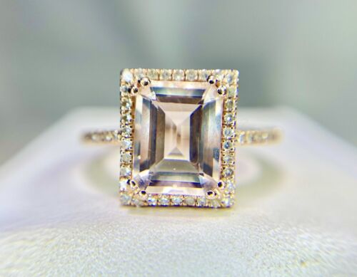 Vintage 14k Rose Gold Natural Emerald Cut Morganite Round Diamond Halo Ring