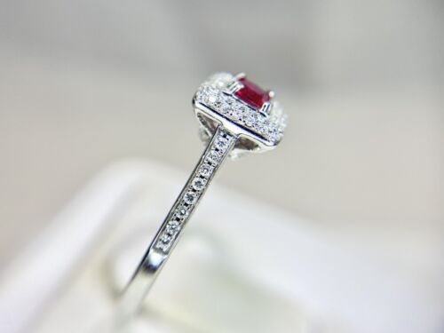 14k White Gold Natural Square Red Ruby Round Diamond Pave Halo Ring