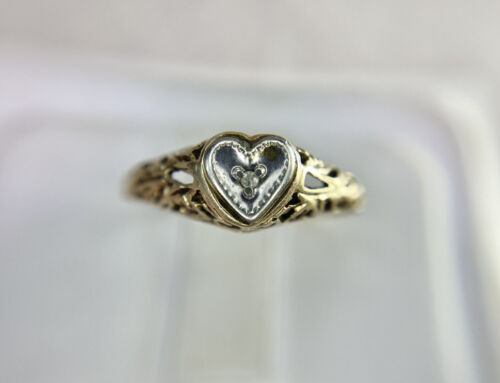 Vintage Art Deco 10k Yellow Gold Round Single Cut Diamond Heart Shape Small Ring