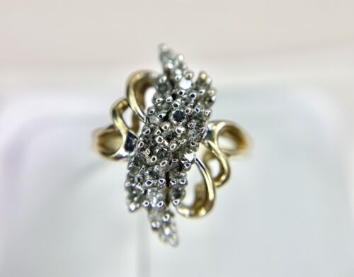 Vintage 10k Yellow Gold Natural Round Diamond Cluster Cocktail Statement Ring