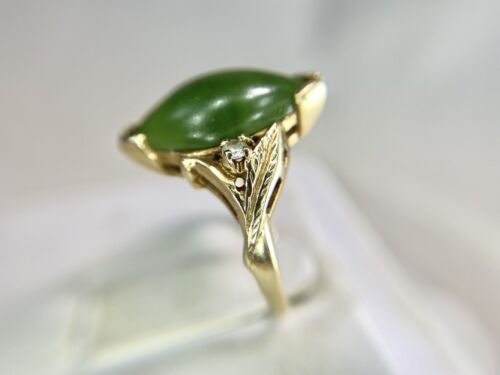 Vintage Designer 10k Yellow Gold Marquise Shape Dark Green Jade Ring