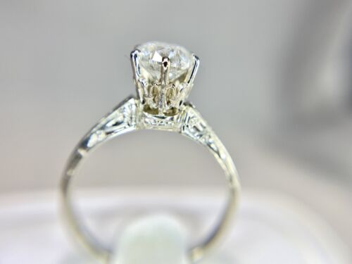 Vintage 14k White Gold Round Natural Diamond Engraved Solitaire Engagement Ring