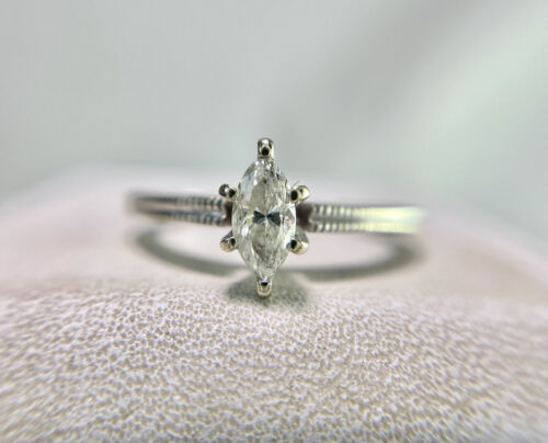 Vintage 14k White Gold Natural Marquise Cut Diamond Solitaire Engagement Ring