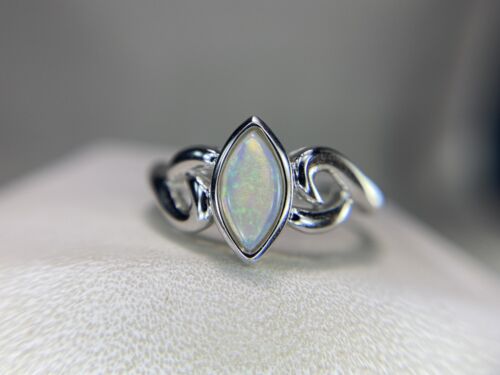 Vintage 14k White Gold Navette Marquise White Opal Solitaire Ring