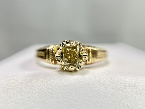 Art Deco Yellow Gold Natural Fancy Brown Color Cushion Shape Diamond Ring