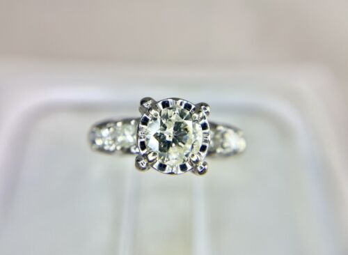 Vintage 14k White Gold Natural Round Brilliant Diamond Engagement Ring 3/4 ct