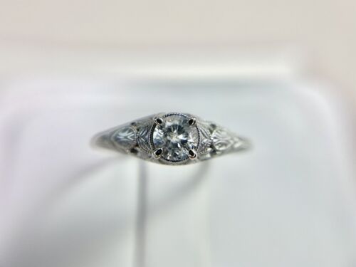 14k White Gold Vintage Style Natural Round Diamond Filigree Engagement Ring