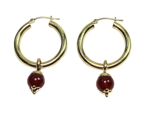 Vintage 14k Yellow Gold Round Red Gemstone Hallow Big Hoop Earrings