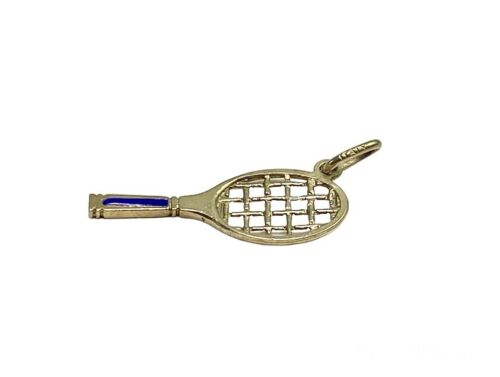 Vintage 14k Yellow Gold Handcrafted Blue Tennis Racket Charm Pendant