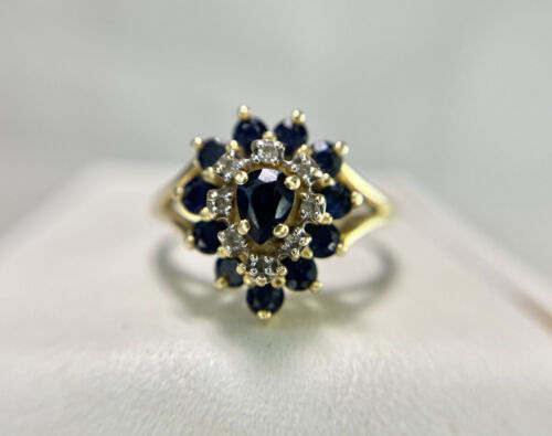 Vintage 14k Yellow Gold Designer Pear Shape Blue Sapphire Diamond Cocktail Ring