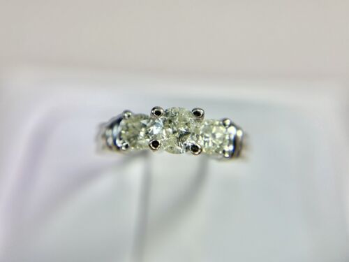 14k White Gold Natural Round Brilliant Diamond Three Stone Engagement Ring