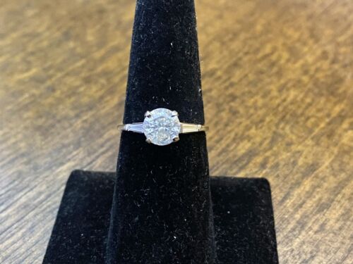 Vintage 14k White Gold Natural Round Baguette Cut Diamond Engagement Ring