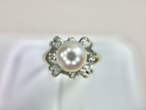 Vintage 14k White Gold White Pearl Round Single Cut Diamond Flower Cocktail Ring