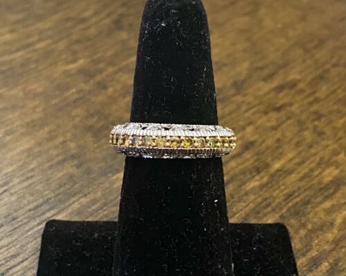 14k White Gold Designer Fancy Yellow Round Brilliant Diamond Filigree Band Ring