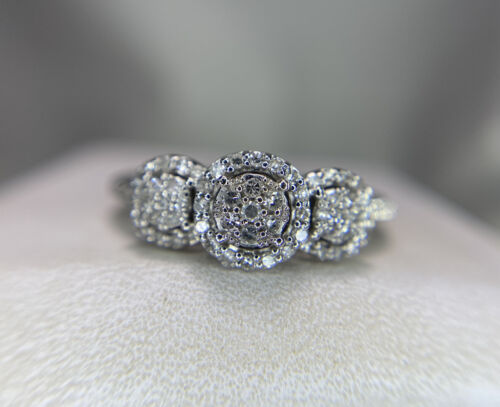 10k White Gold Designer Round Single Cut Natural Diamond Three Cluster Ring