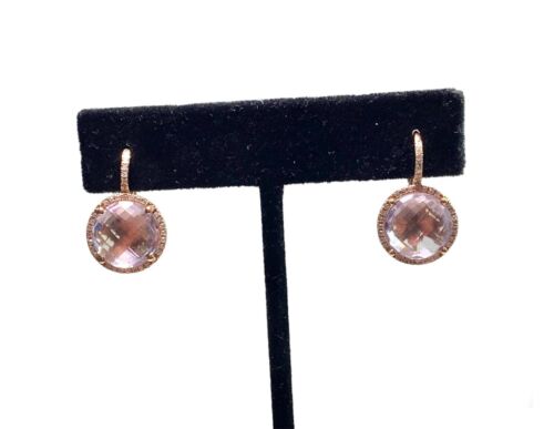 14k Rose Gold Designer Round Purple Amethyst Natural Diamond Halo Earrings