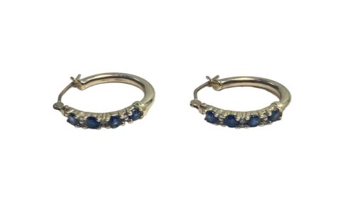 Vintage 10k Yellow Gold Round Blue Sapphire Diamond Small Hoop Earrings