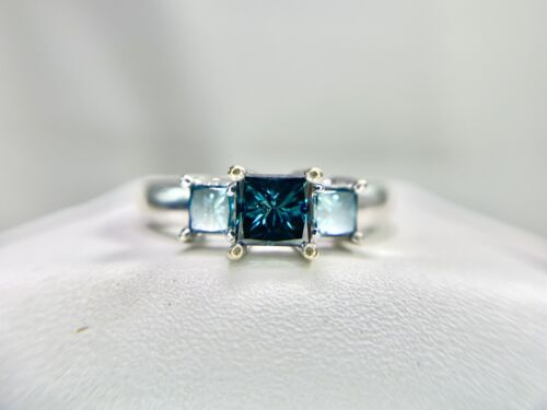 14k White Gold Natural Fancy Blue Color Princess Cut Diamond Engagement Ring