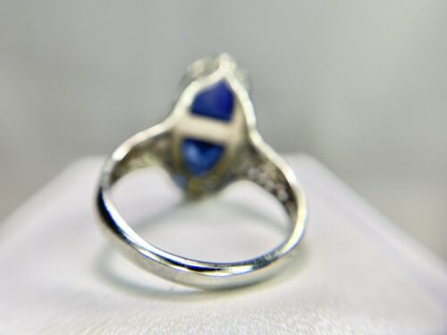 Vintage Art Deco 14k White Gold Shield Cut Blue Sapphire Filigree Cocktail Ring