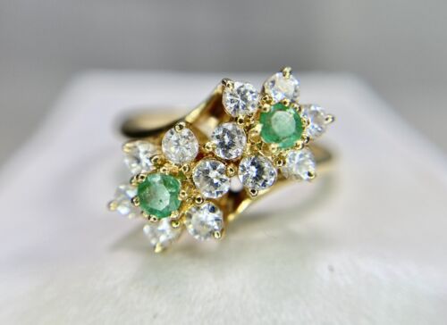 Vintage 14k Yellow Gold Natural Round Diamond Green Emerald Double Flower Ring