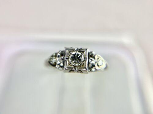 Art Deco 18k White Gold Natural Round Single Cut Diamond Small Engagement Ring