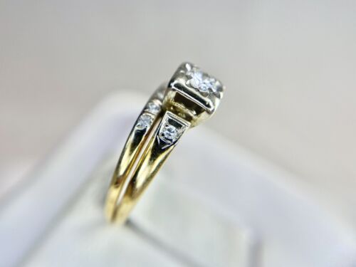 Vintage 14k Yellow Gold Round Single Cut Natural Diamond Wedding Ring Set 1/4 ct