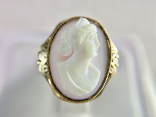 Vintage Art Deco 10k Yellow Gold Oval Light Pink Lady Cameo Big Cocktail Ring