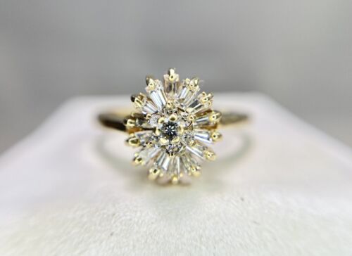 Vintage 14k Yellow Gold Natural Round Baguette Cut Diamond Small Cocktail Ring