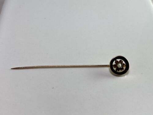 Vintage Art Deco 10k Yellow Gold Round White Seed Pearl Black Enamel Stick Pin