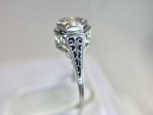 Art Deco 18k White Gold Old European Natural Diamond Filigree Engagement Ring