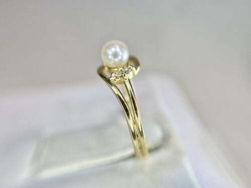 Vintage Style 10k Yellow Gold White Cultured Pearl Small Diamond Ring Size 3.75