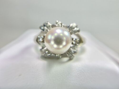 Vintage 14k White Gold White Pearl Round Single Cut Diamond Flower Cocktail Ring