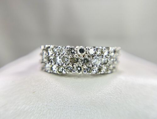 14k White Gold Natural Round Brilliant Diamond Three Row Wedding Band Ring