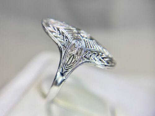 Art Deco 14k White Gold Natural Round Diamond Filigree Small Shield Ring