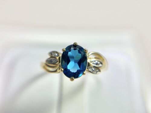 Vintage 10k Yellow Gold Signed Oval Blue Topaz Round Single Cut Diamond Ring