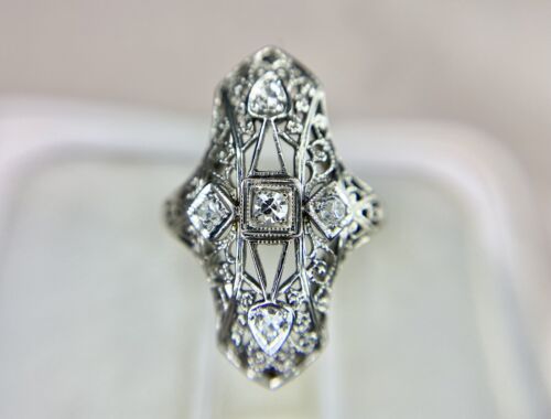 Art Deco 18k White Gold Natural Round Diamond Filigree Shield Cocktail Ring