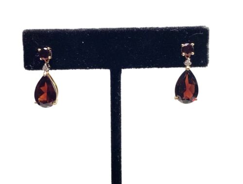 14k Yellow Gold Designer Pear Shape Red Garnet Round Diamond Dangle Earrings