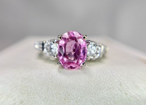 18k White Gold Le Vian Designer Natural Oval Pink Sapphire Round Diamond Ring