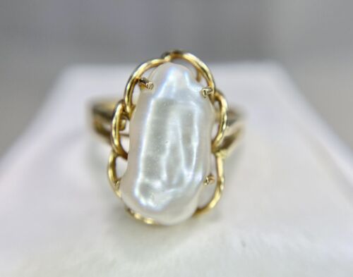 Vintage 14k Yellow Gold Cultured Biwa White Pearl Solitaire Ring